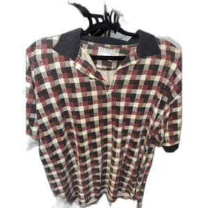 Vintage Arizona Jean Company Men's Large Polo Red Black Tan Check Design Tee Top